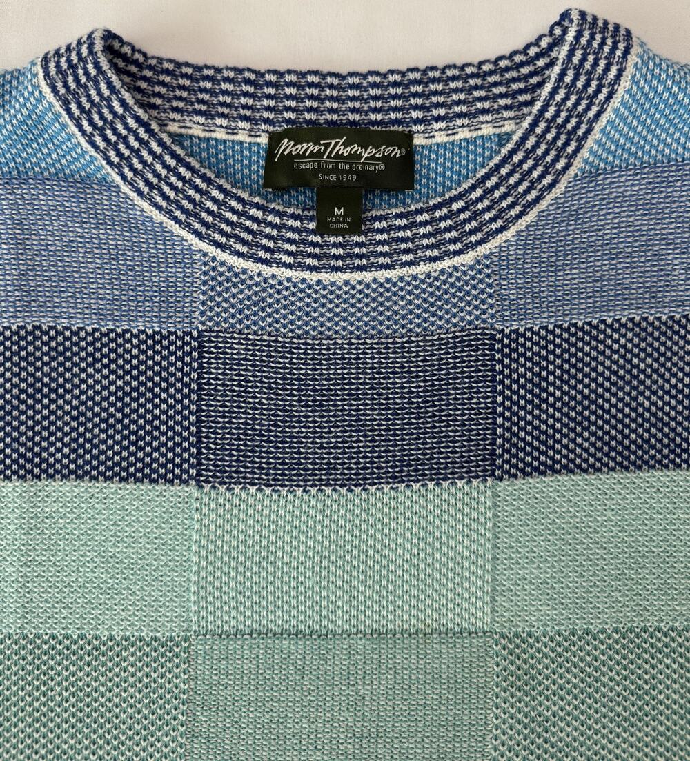 Norm Thompson Sweater Mens M Blue Patchwork Checkerboard Cotton Knit Crewneck
